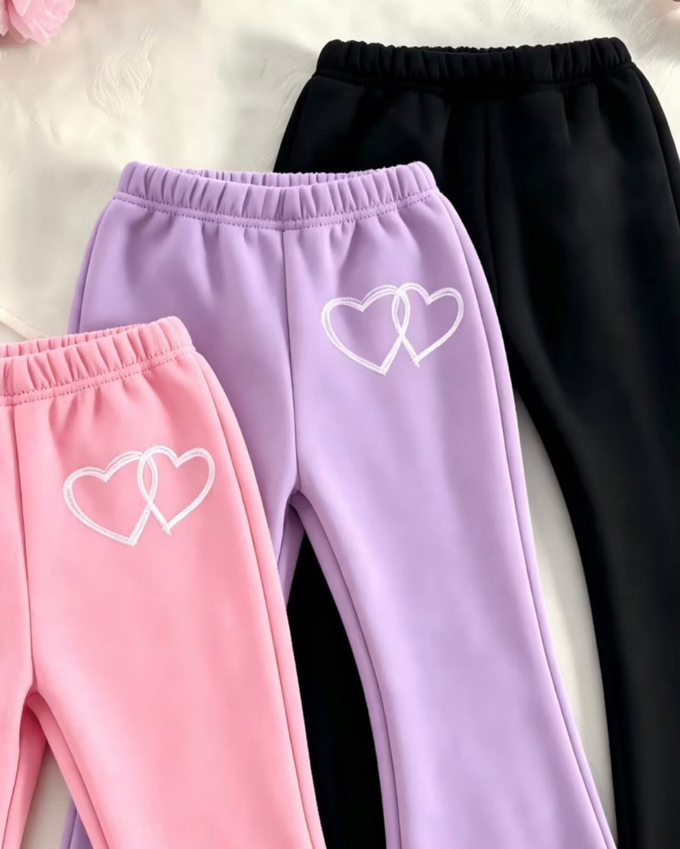 Double Heart Flared Fleece Trousers Pack of 3 (Black,Pink,Lilac)
