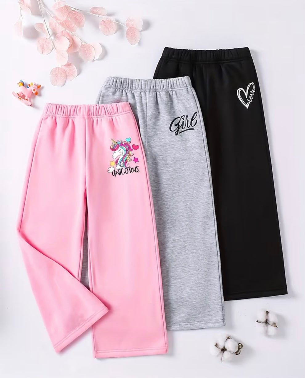 0000 Printed Pack of 3 Multi Fleece Trousers For Kids(Unicorn,Girl,Heart)