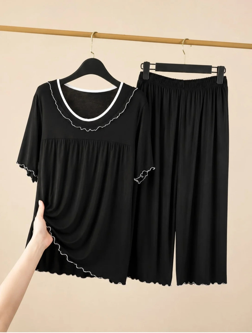 0000 Black V-Neck Frill Style Half Sleeves T-shirt With Plazzo Style Pajama Suit