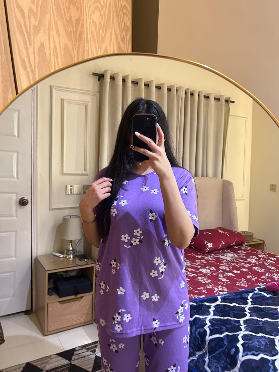 0000 Purple Floral Printed Half Sleeves T-shirt With Floral Printed Pajama Suit