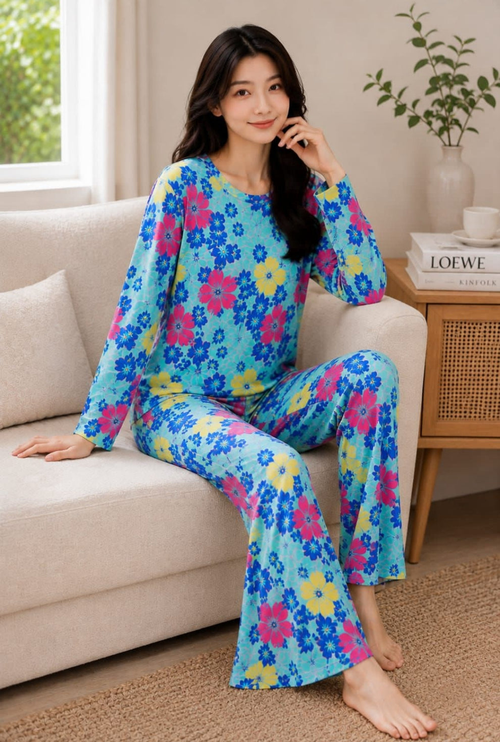 0000 Blue Multi Flower Printed Full Sleeves T-shirt With Multi Printed Pajama Suit