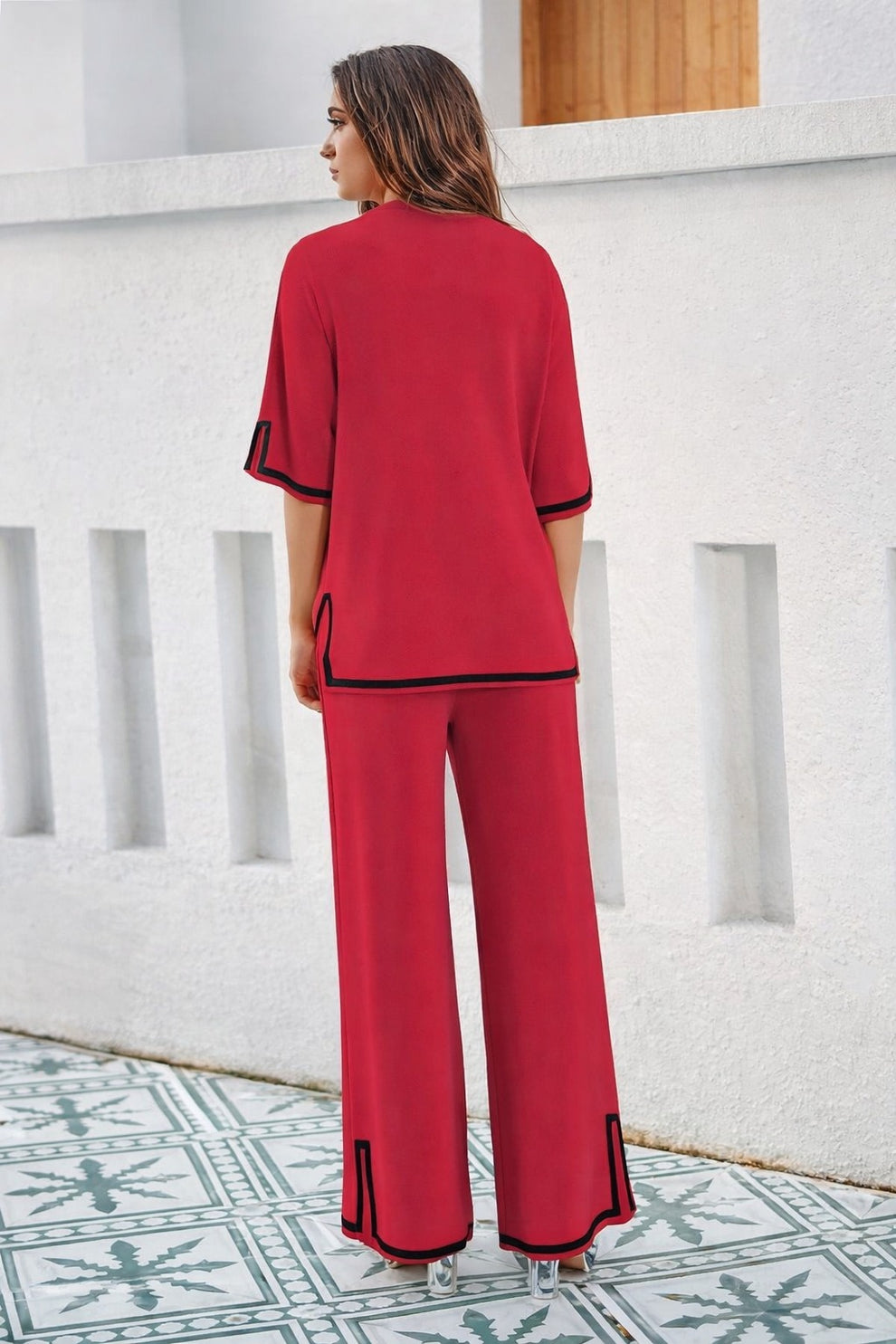 0000 Red Black Pipin Round Neck Baggie Style Half Sleeves With Matching Plazzo Style Loose Trouser.