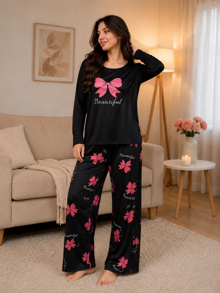 Black Ribbon Bow Printed Full Sleeves T-shirt With Bow Printed Pajama Suit