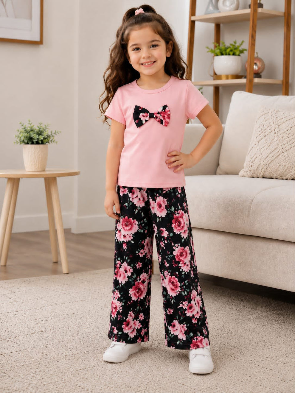 0000 Baby Pink Floral Bow Printed Half Sleeves T-shirt with Floral Printed Pajama Kids Suits