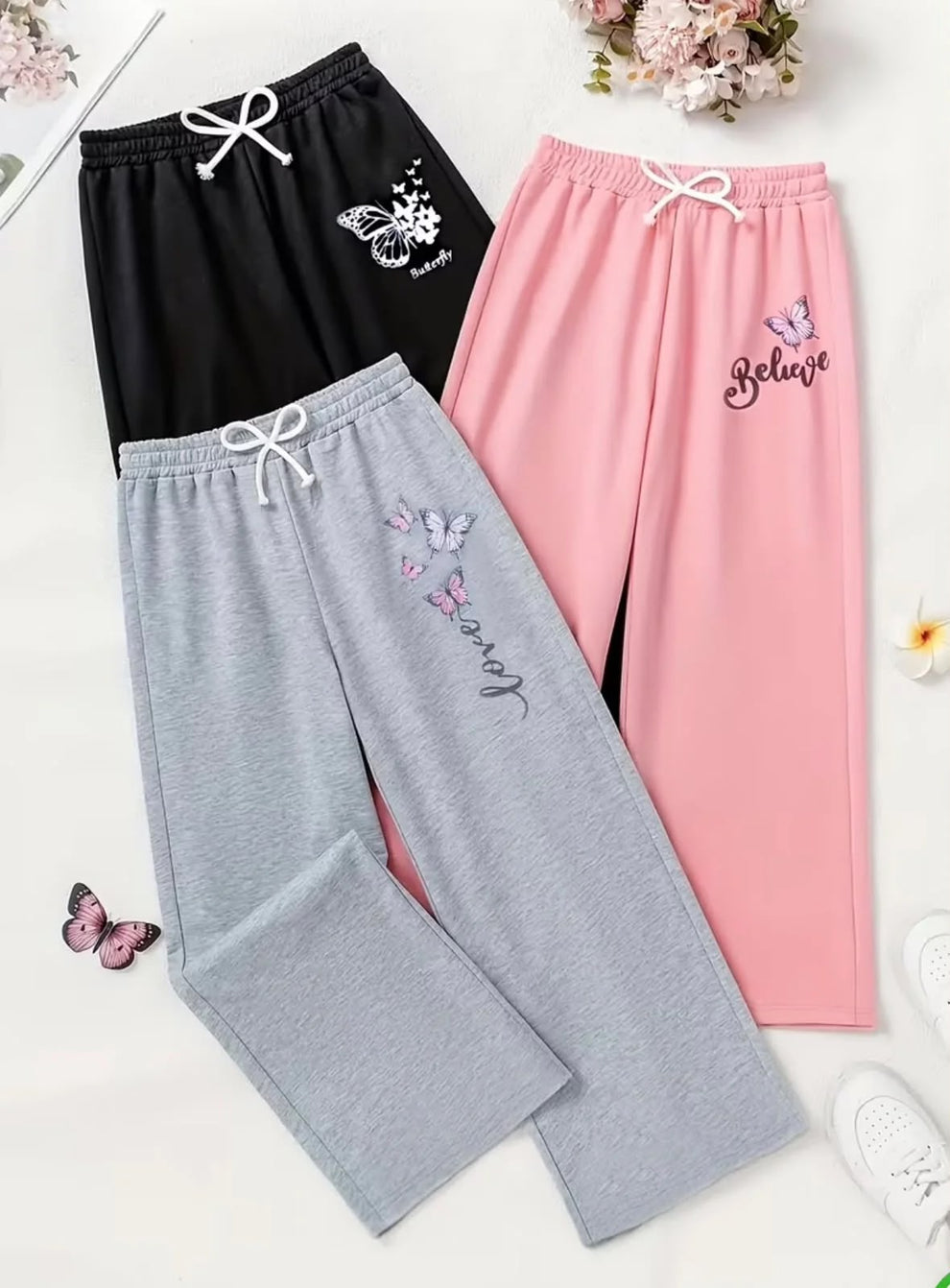 0000 Printed Pack of 3 Multi Fleece Trousers For Kids (Believe, butterfly,Love)
