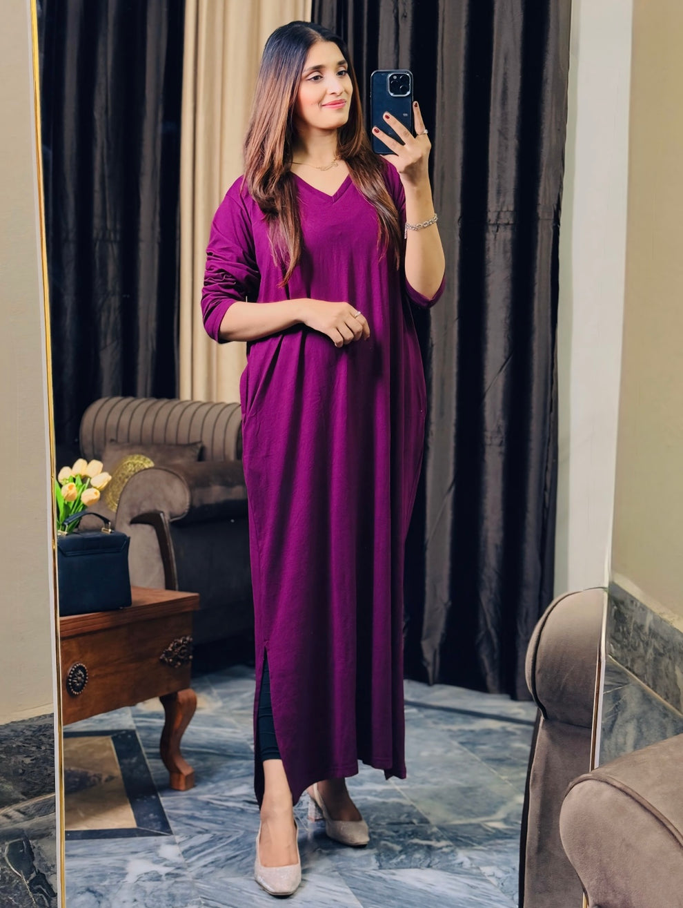 0000 Mahroon V-Neck Fluid Long Tees for Woman (Two sides Pockets)