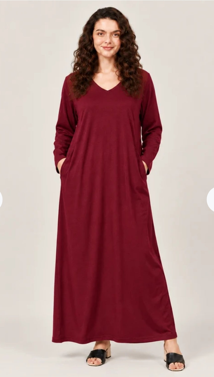 0000 Mahroon V-Neck Fluid Long Tees for Woman (Two sides Pockets)