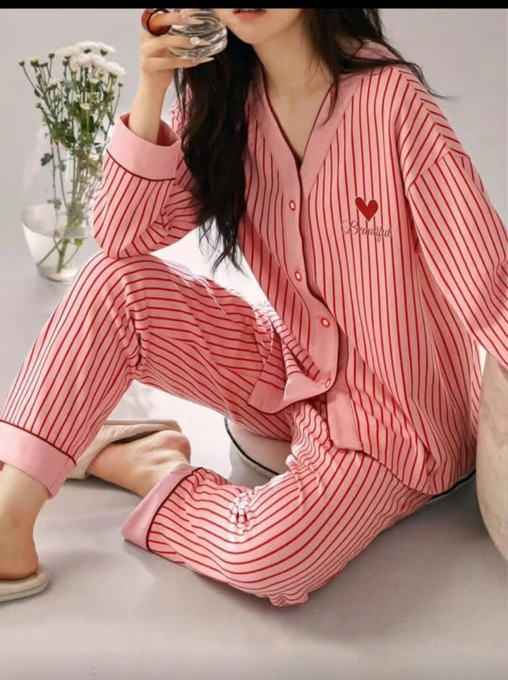 0000 Baby Pink Lining Heart Button Night Suit for Her