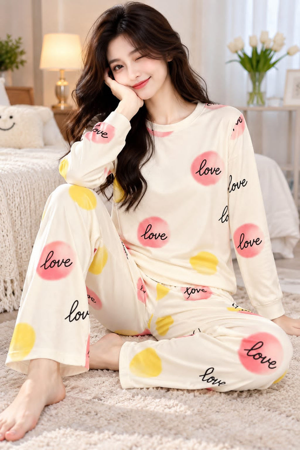 0000 Offwhite Love Printed Full Sleeves T-shirt With Printed Pajama Suit
