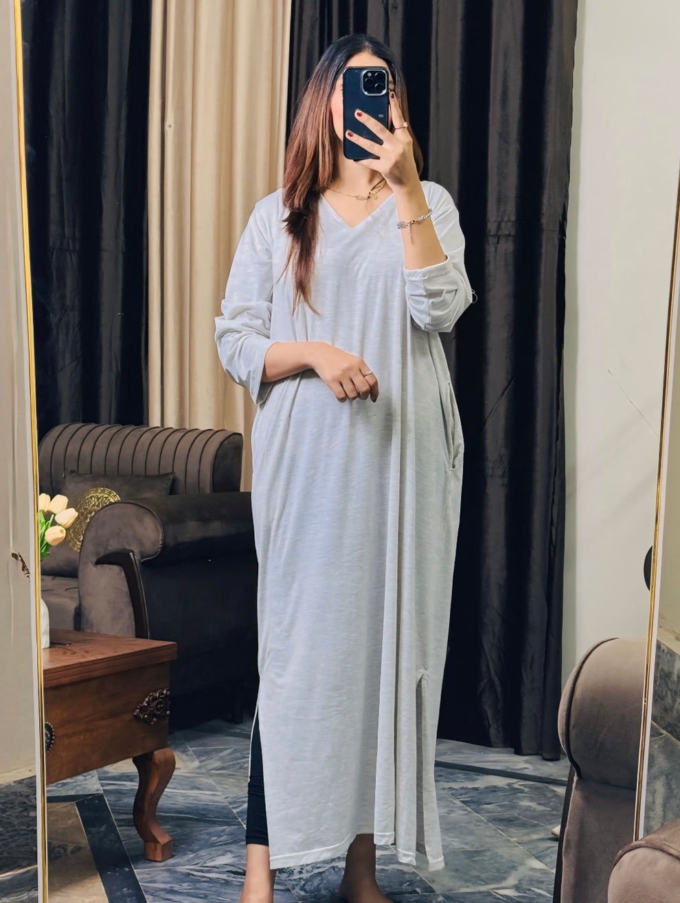 0000 Hazel Grey V-Neck Fluid Long Tees for Woman (Two sides Pockets)