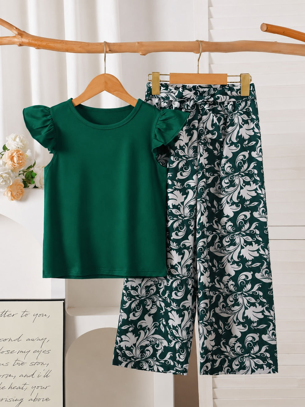 0000 Bottle Green Plain Frill Half Sleeves T-shirt with Floral Printed Pajama Kids Suits