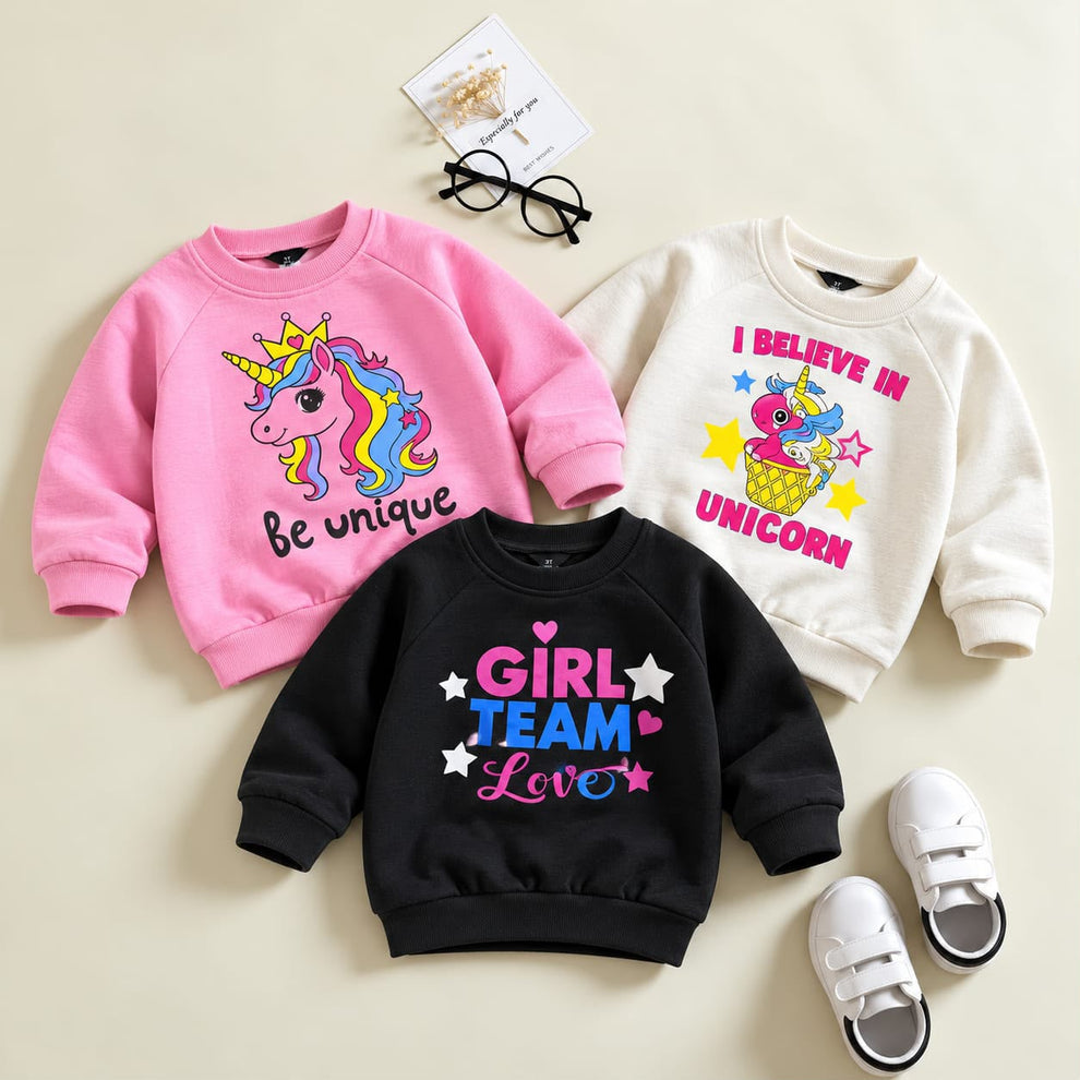 00000 Unicorn,Girl Team & Be Unique Printed Sweatshirt Pack of 3
